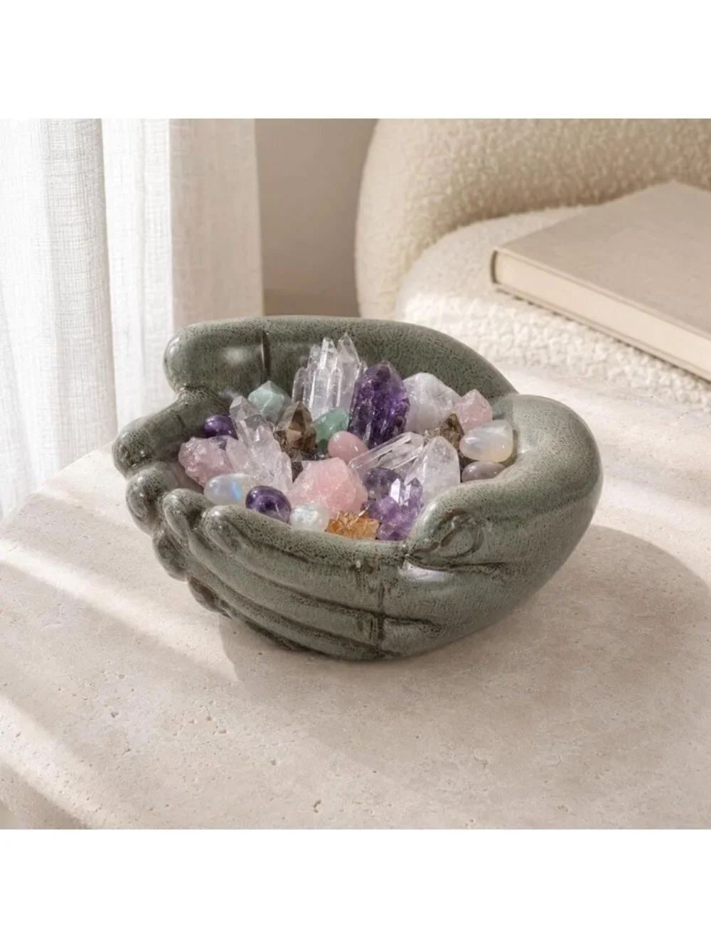 Vintage Green Ceramic Hands Bowl Dish - Candy Holder, Succulent Planter & Key